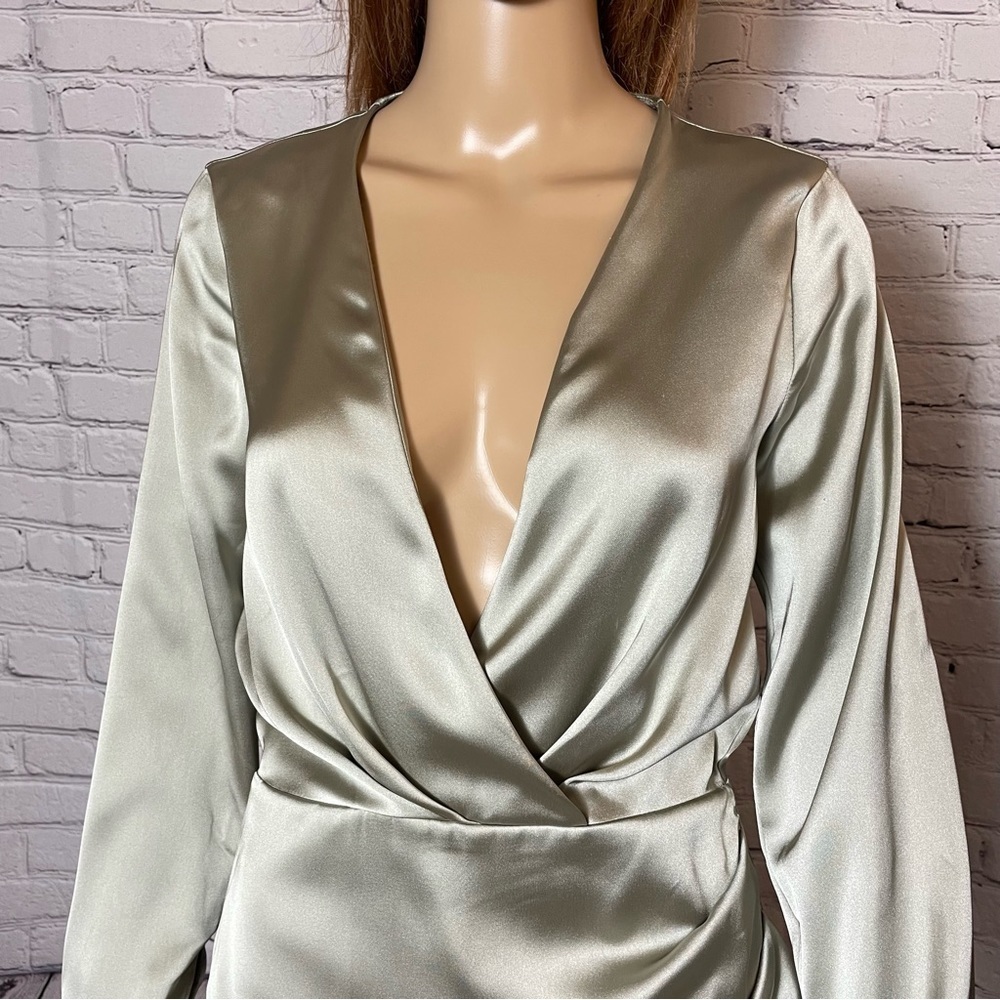 New Zara Wrap Front Satin Long Sleeve Grey Dress Size S - Picture 8 of 12